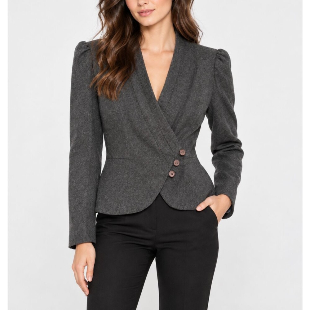Vintage 80s Rojean Blazer Size 9 Gray Asymmetrical Button Puff Sleeve USA Made M